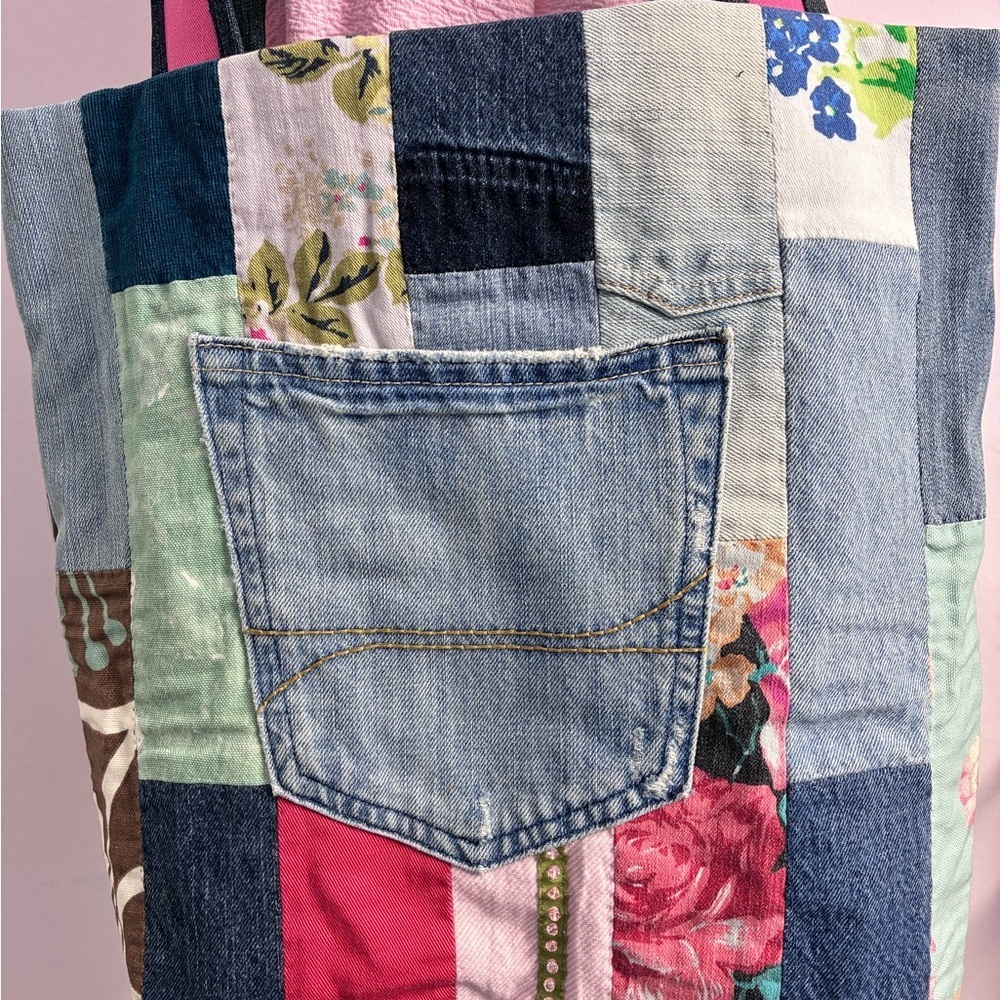Handmade/Upcycled Shoulder/Tote, 17” x 15”, Multicolored, Floral, Denim - Picture 4 of 6